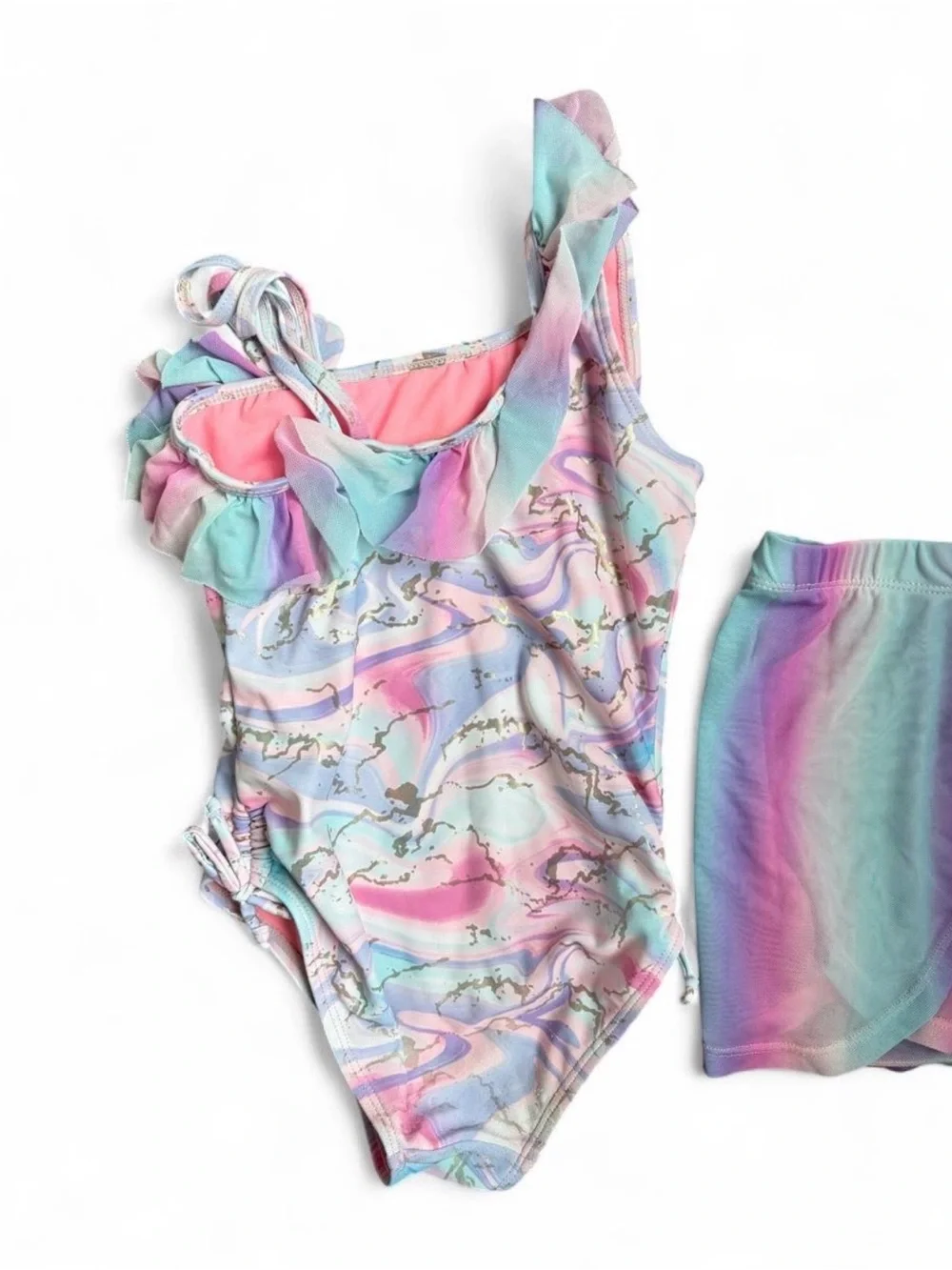 Girls Pastel Rainbow One-Shoulder Swim One-Piece with Skirt
